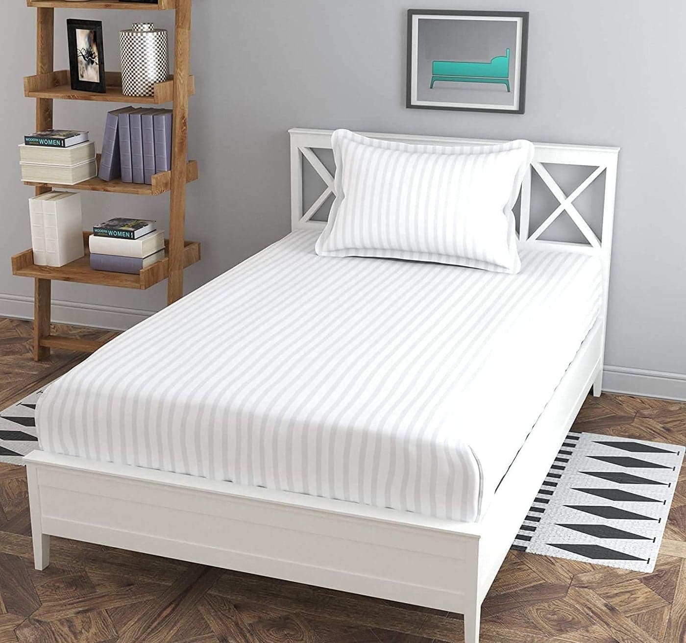 Cool Dealzz Plain White Cotton Stripe Single Size Bedsheet Set with One Pillow Cover 300 TC