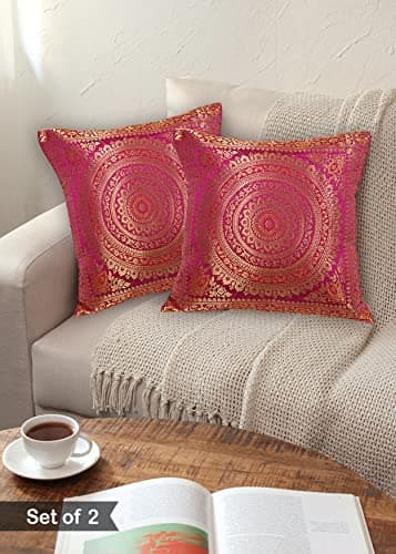 PRAKARTIK BY INDUARTS Premium Art Silk Banarasi Brocade Ethnic Cushion Covers Decorative for Sofa (Pink) Set of 2 (18"x18" & 45x45 cm)