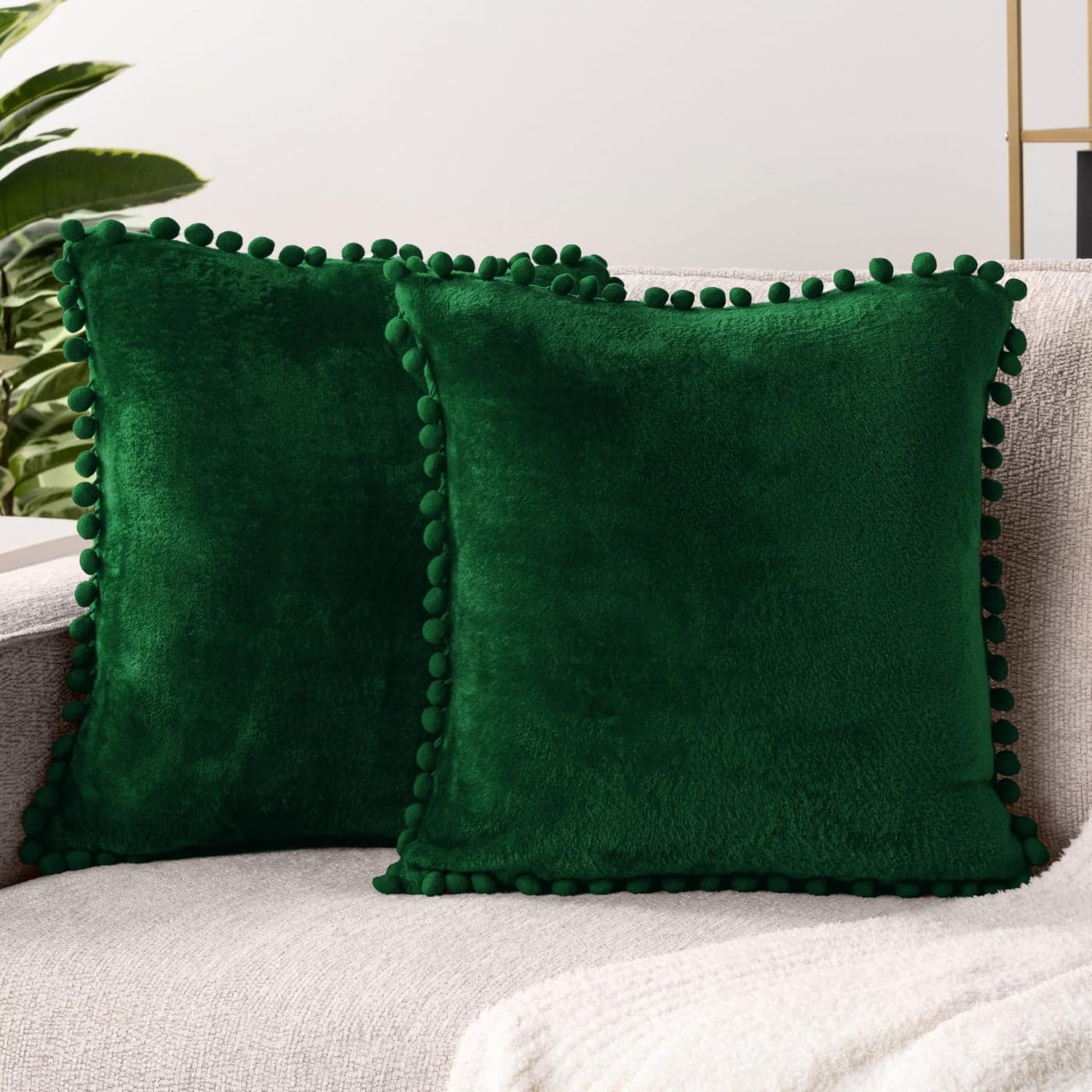 PAVILIA Emerald Green Throw Pillow Covers with Pom Pom 20x20 Set of 2 Decorative Pillow Cases for Bedroom Aesthetic Small Throw Pillows Set for Bed Velvet Euro Plush Cushion Covers for Sofa Couch