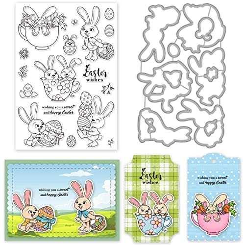 ORIGACH Easter Rabbit Stamps and Dies for Card Making Teacup Rabbit Dies and Stamps Set for DIY Scrapbooking Album Decorative