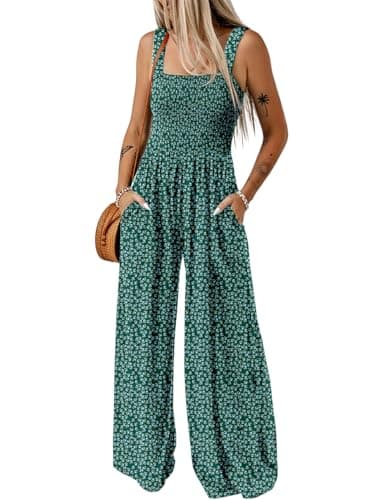 Dokotoo Womens Casual Loose Overalls One Piece Sleeveless Jumpsuits for Women Stretchy Wide Leg Long Pant Rompers Jumpsuit with Pockets Printed 2025 Fashion Small Green
