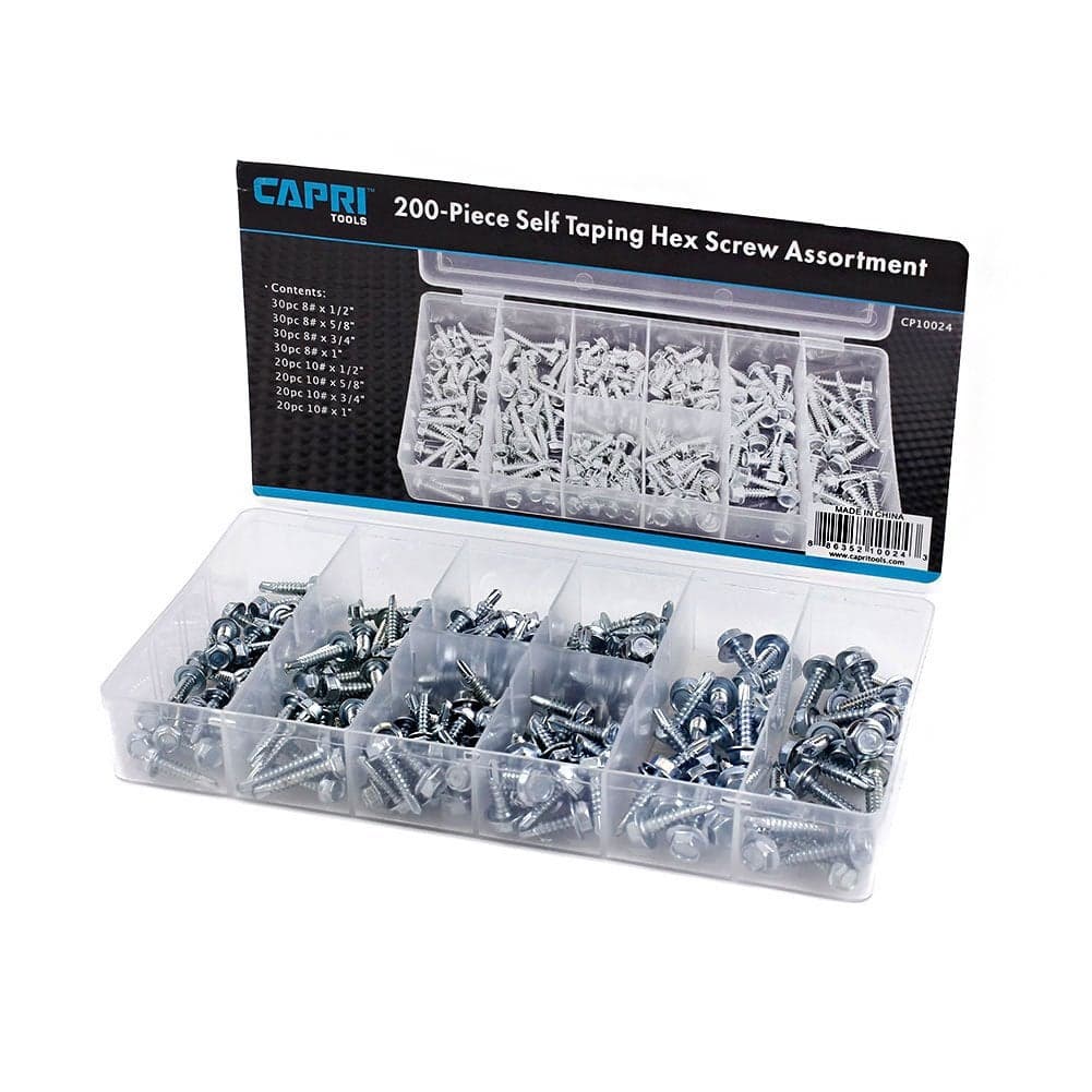 Capri Tools 10024 Hex Self Tapping Screw Assortment 200Piece Silver Model Number CP10024