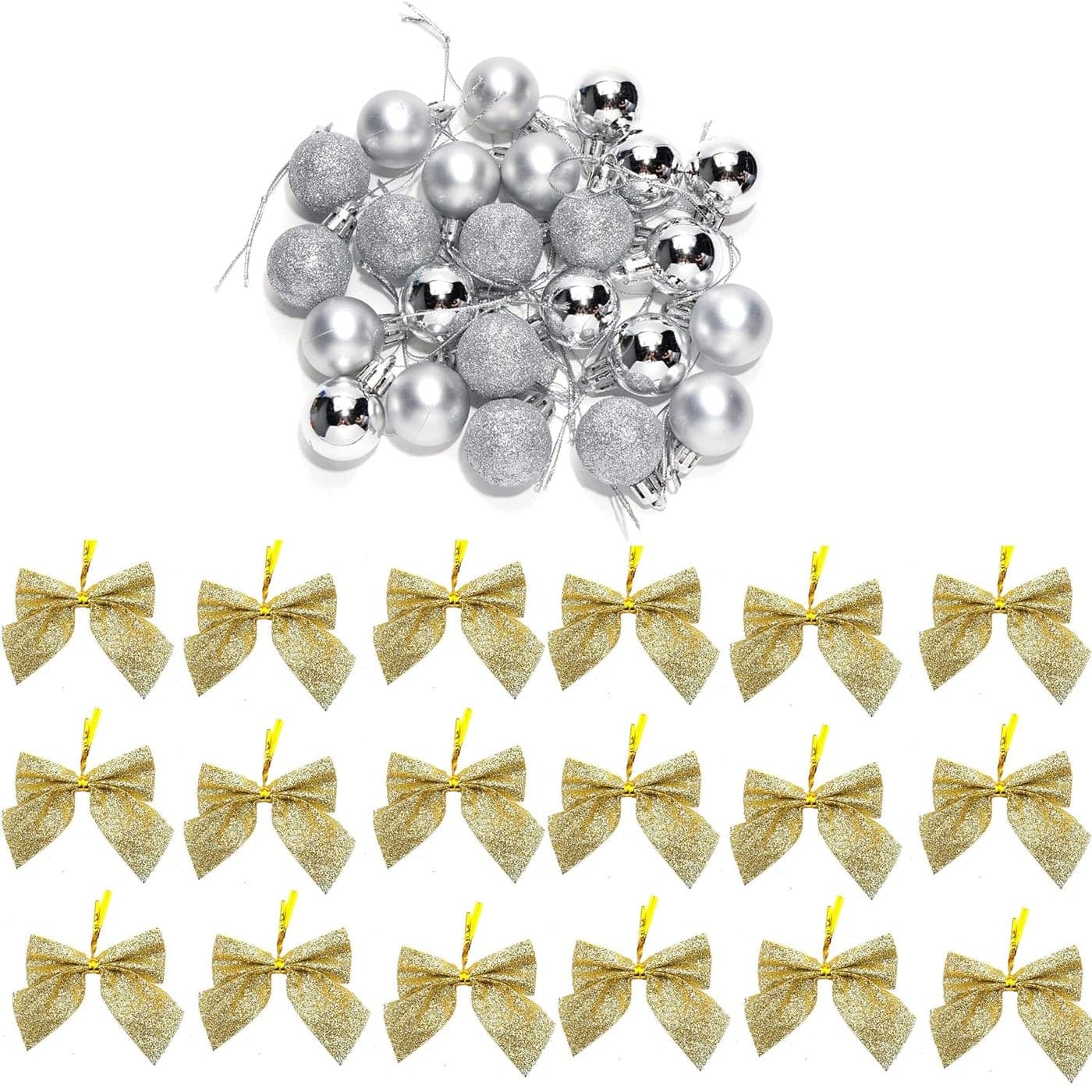 Forty Wings Set of 12 Pcs Golden Bows and 12 Pcs Silver Balls for Christmas Ornaments Xmas Tree Hangings Ornaments for Christmas Decoration Items for Home Decoration