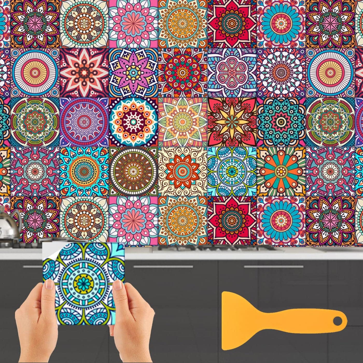 ZOCONE Moroccan Tile Sticker 24 PCS Square Colorful Tiles Stickers for Kitchen Bathroom Waterproof 15 15cm Vinyl Wall TileStickers Mandala Tile Decals Transfers Stickers Stick on Tiles