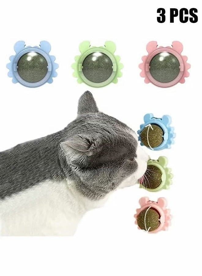 Catnip Toys 3-Pack, High-Energy Ball Cat Toys, Edible Dental Chew Kitten Toys, Healthy Teeth Cleaning Cat Treats, Wall Mount Cat Toys (3 Colors)