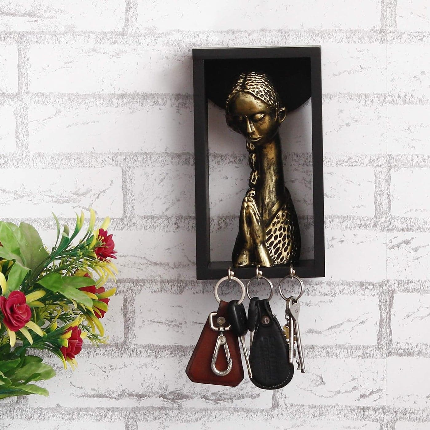 Webelkart Beautiful Welcome Lady Statue Showpiece Figurine with Wooden Shelf and Key Hanger (9.50" x 4.00" x 5.00") (Polyresine, Wood)