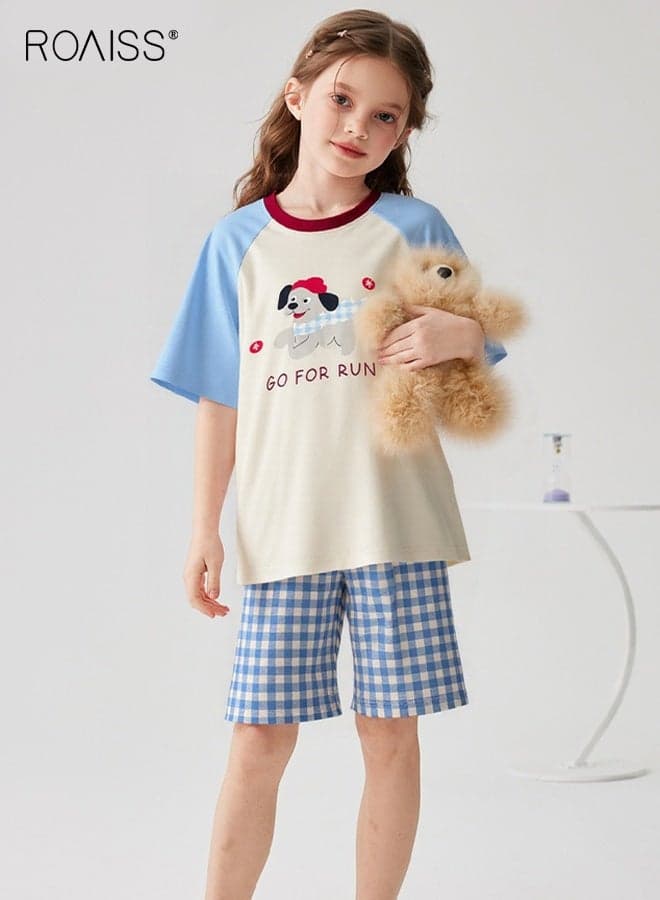 Girls Summer Pajamas Set, 2 Pcs Pjs Set for Girls, Crew Neck Short Sleeve Sleepwear Set, Comfort Lightweight Home Nightwear, Cotton Pajamas Suits with Cartoon Top and Checkered Shorts