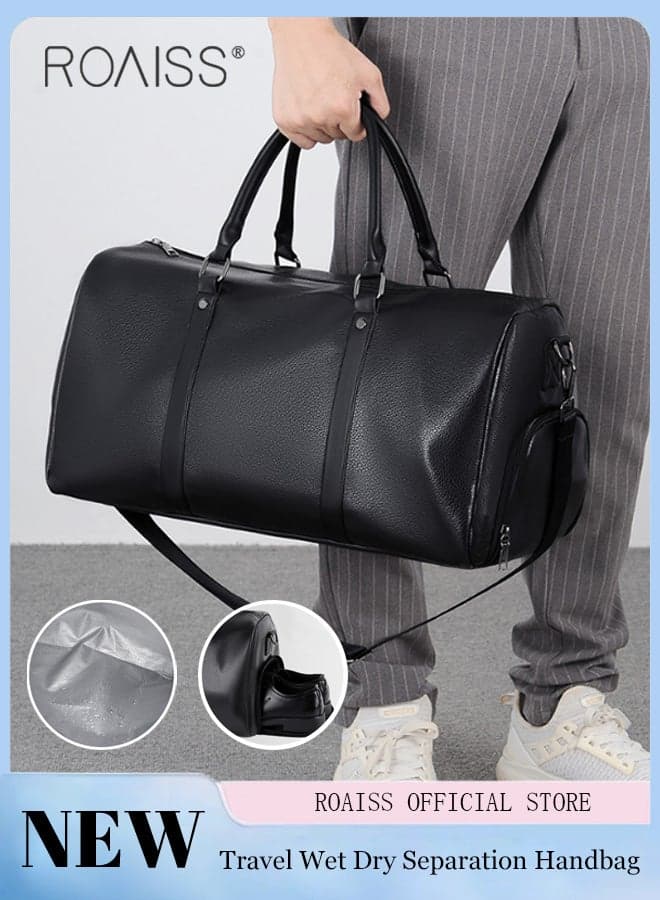 Men's PU Leather Travel Handbag Adjustable and Detachable Shoulder Strap Large Capacity Crossbody Bag for Short Trips, Business Trips, Sports and Fitness