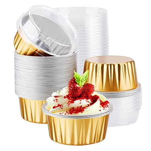 EUSOAR Disposable Ramekins Gold 50pcs 5oz Mini Aluminium Foil Baking Cups with Lids Creme Brulee Cupcake Liners Desert Cheesecake Pans Flan Molds Tin Cups Containers for Party Favor Birthday