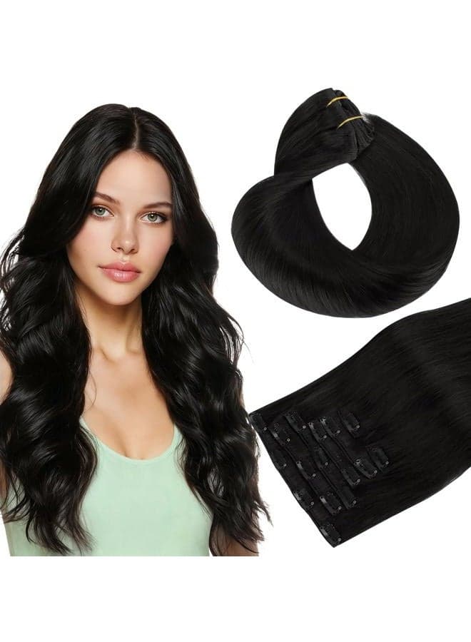 HOTBANANA Human Hair Clip in Hair Extensions, Jet Black 120g Clip in Hair Extensions Real Human Hair Straight Remy Hair Clip in Hair Extensions 20 Inch 7pcs