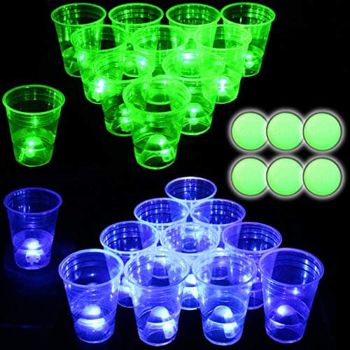 Glow in the Dark Beer Pong SetLight up Beer Pong Cups for Indoor Outdoor Nighttime Competitive Fun22 Glowing Cups11 Green 11 Blue 6 Glowing Balls Waterproof Party Game