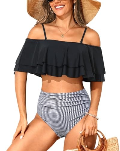 Tempt Me Women Black Stripe Two Piece High Waisted Bikini Set Swimsuit Off Shoulder Ruffle Bathing Suits Tummy Control Ruched Swimwear M