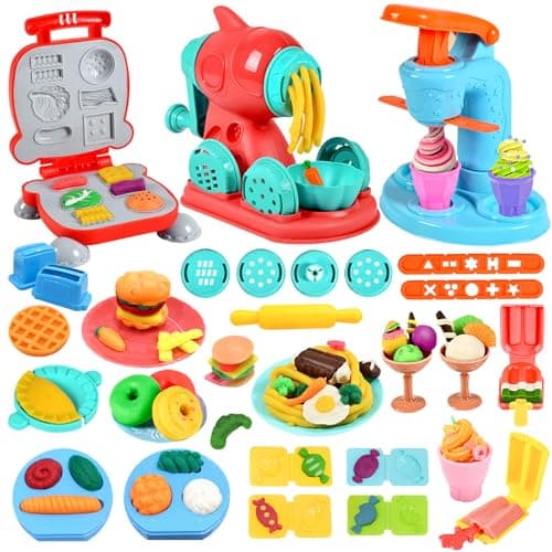 Crelloci 3 in 1 Color Dough Kitchen Creations Set Ice Cream Spaghetti Burger Maker Machine Art Crafts Food Modeling Toys Accessories Tools Kit for Boys Girls Kids Toddlers Ages 3 12 Colors Dough