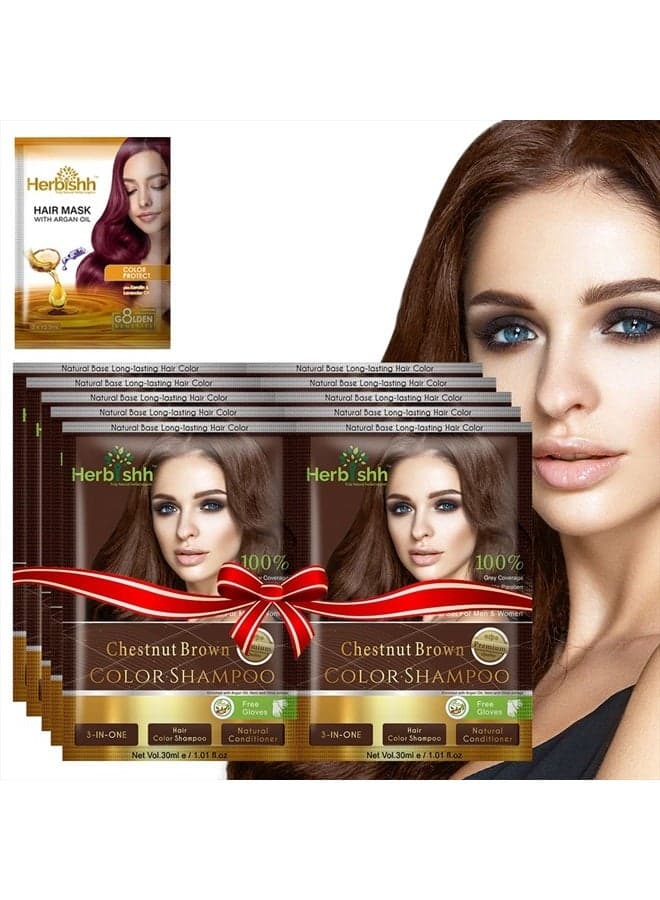 Hair Color Shampoo for Gray Hair–Natural Hair Dye Shampoo with Argan Hair Mask–Travel size-Colors Hair in Minutes–Long lasting colour–10pack+1pack–Ammonia-Free (Chestnut Brown)