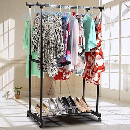 CHALISA Modern Clothes Drying Rack Double Pole Rail Rod Adjustable Outdoor Indoor Garment Rack Commercial Grade Adjustable Clothing Rack Supreme Rolling Rack Steel Multipurpose Cloth Hanger Rack
