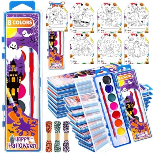 Marspark 24 Set Halloween Watercolor Paint Set with Card Brushes Halloween Crafts Party Favor Kindergarten School Student Exchanges Gifts Ghost Pumpkin Washable Water Color Painting