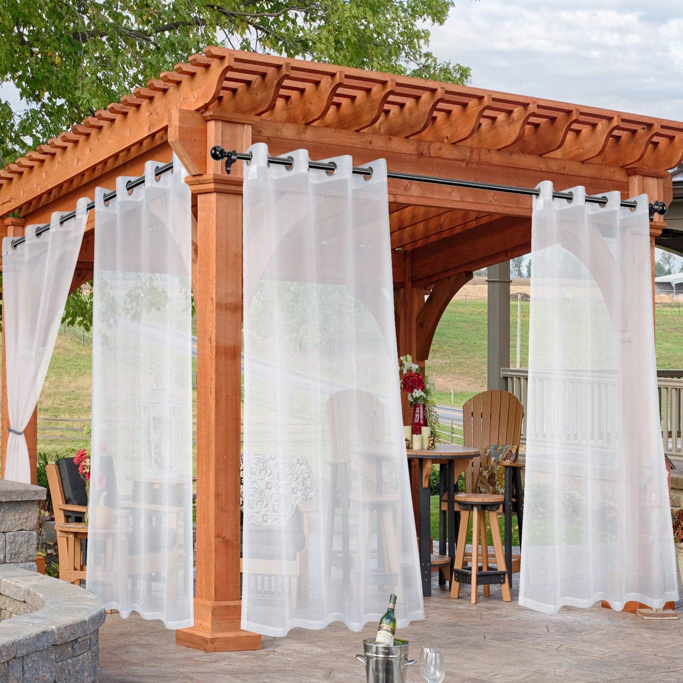 HolidayIdeas White Outdoor Sheer Curtains for Patio Waterproof 4 Panels 54 x 84 Inch Light Filtering Voile Outside Curtains Grommet Drapes for Front Porch Gazebo Pergola Backyard