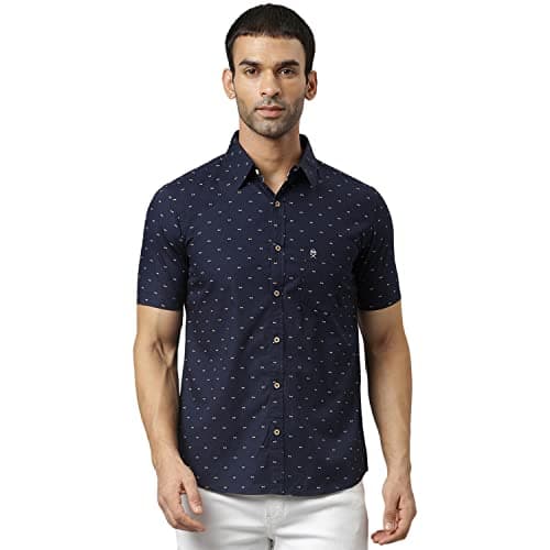 Thomas Scott Men's Printed Slim Fit 100% Cotton Casual Shirt with Half Sleeve Deep Navy