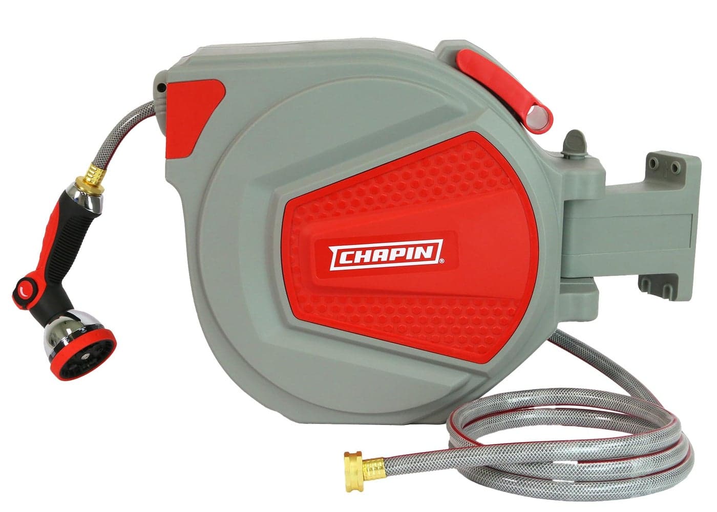 Chapin 5999 65 ft Retractable Garden Hose Reel Wall Mounted HeavyDuty Case and 180 Swivel Frame Mount Auto Retract and Locking Hose w 10 Position Metal Garden Hose Spray Nozzle