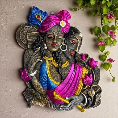 Sajawa Radha Krishna Murti-Terracotta-Clay-Idol-Murti-Figurine-Painting for Temple-Mandir-Home-Office Decoration-Gifting-Spiritual Wall Hanging Decor (H:27|B:21 CM)