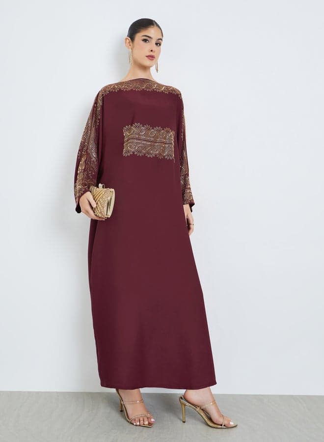 Burgundy Rhinestone Embellishments Jalabiya with Matching Hijab