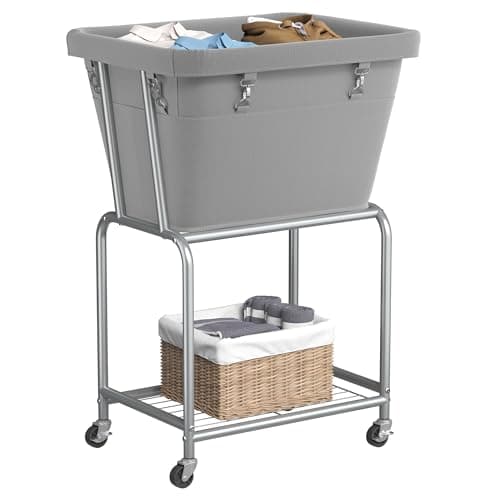 ELYKEN Rolling Laundry Hamper with Wheels, Laundry Cart with Removable Bag, Heavy Duty Metal Frame, 2-Tier Clothes Basket Hamper with Shelf for Closet, Bedroom, Bathroom, Laundry Room, Gray