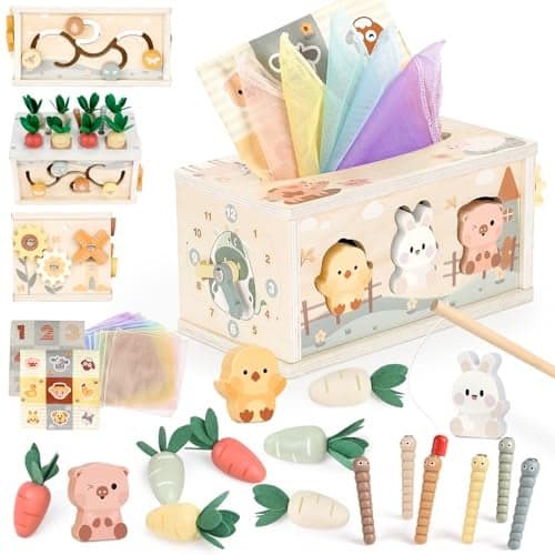 Joyreal 8in1 Montessori Tissue Box Toy for Baby 12 Months Neutral Color Wooden Activity Cube for Boys and Girls First Birthday Gifts Sensory Toy for Toddlers 13 Preschool Learning Education