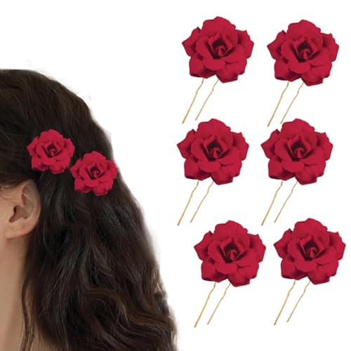 TEMPERIA (6pcs) Hair Accessories For Women & Girls - Bridal Brooch & Braid for Hairstyle of Bride, Wedding & Party - Stylish Red Rose Artificial Flowers Bun Juda U Pins & Clips for Style & Decoration