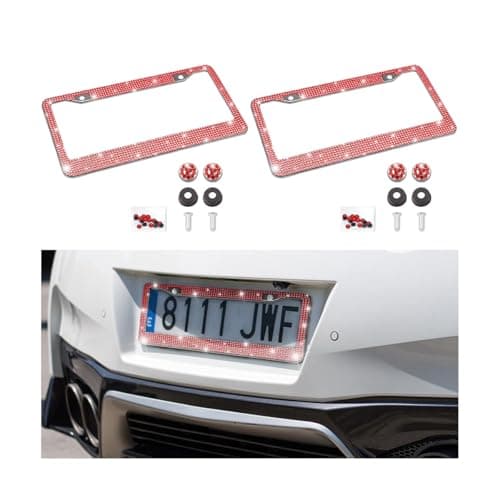 Bling 2PCS Car License Plate Frame Handcrafted Crystal Stainless Steel License Plate Frame Sparkly Durable Universal Fit Car Accessories for Girls Women Red
