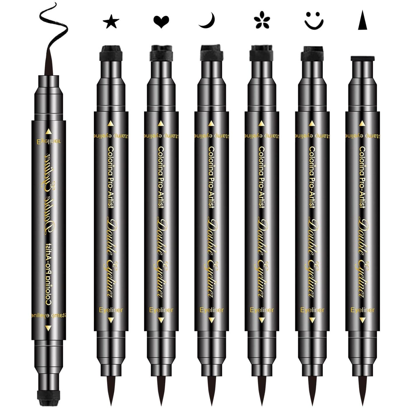 Erinde 6PCS Doubleheaded Eyeliner Stamp Pen Set Black Stencil Winged Eyeliner Tattoo Tool Star Moon Heart Eye Makeup