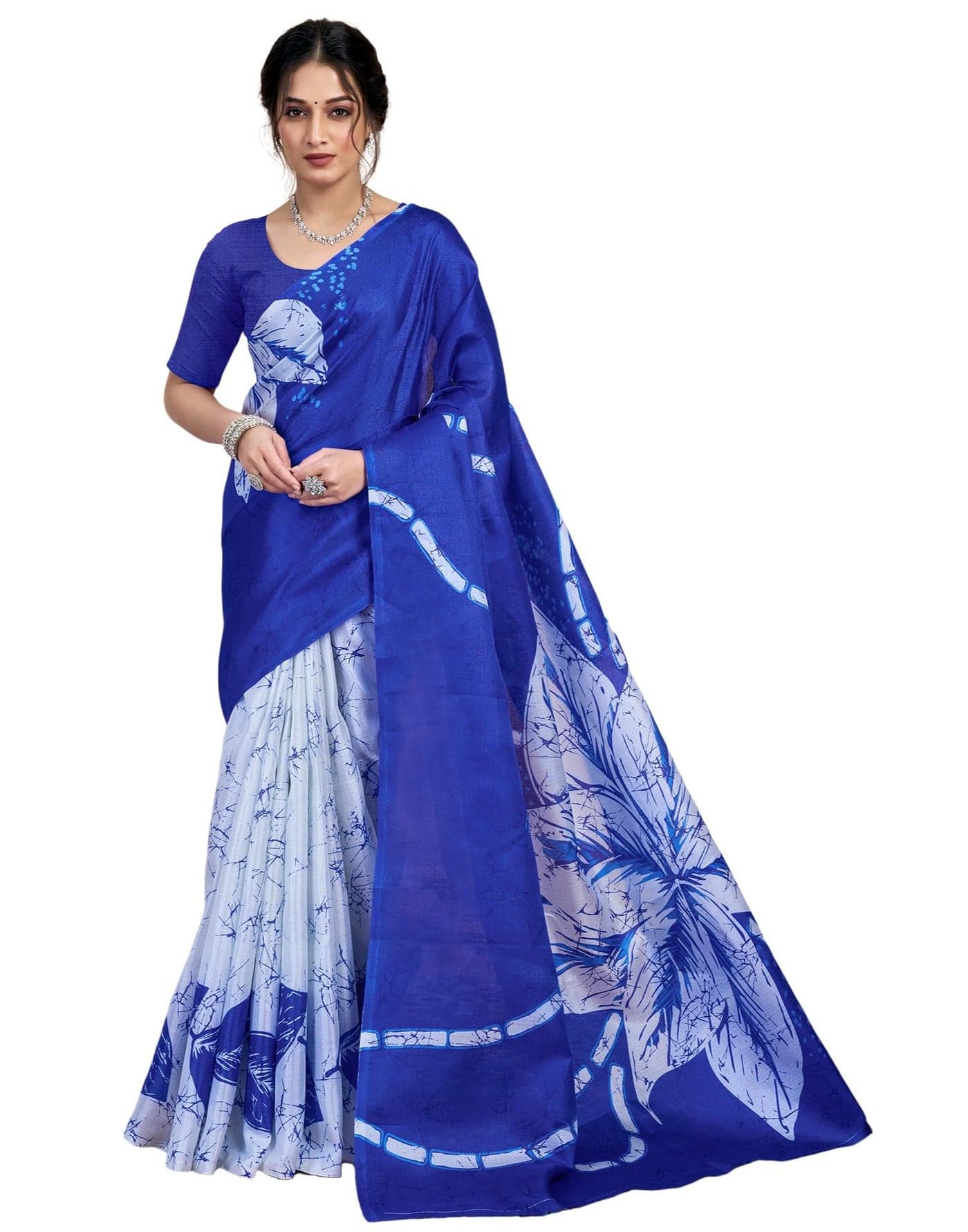 SIRIL Women's Cotton Floral Printed Saree With Unstitched Blouse Piece (4160S229_Royal Blue)