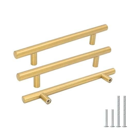 goldenwarm 5 Pack Gold Cabinet Pulls Brushed Brass Cupboard Door Handles Bathroom Hardware Modern Gold Drawer Pulls 7-1/2in Hole Center 10in Overall Length