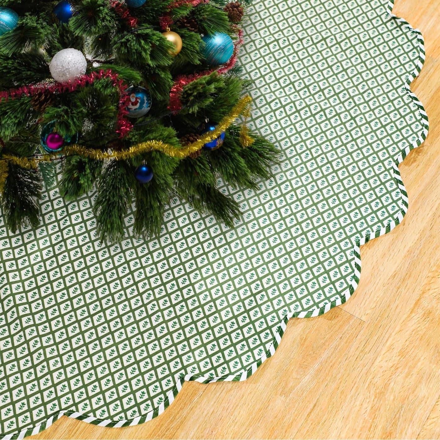 MiniInflat Christmas Tree Skirt Cotton Floral Block Tree Skirt in Nature Color for Home Xmas Party Seasonal Holiday Decoration Indoor Outdoor 60 InchSea Green