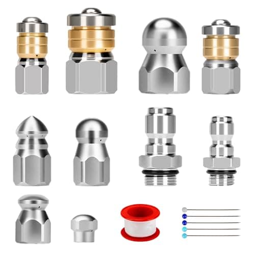 10pcs Sewer Jetter Nozzle Kit Stainless Steel Jetter Heads Kit for Pressure Washer, 1/4" & 3/8" NPT Quick Connectors Drain Cleaning Nozzle Tips with 5 Needles up to 5000 PSI