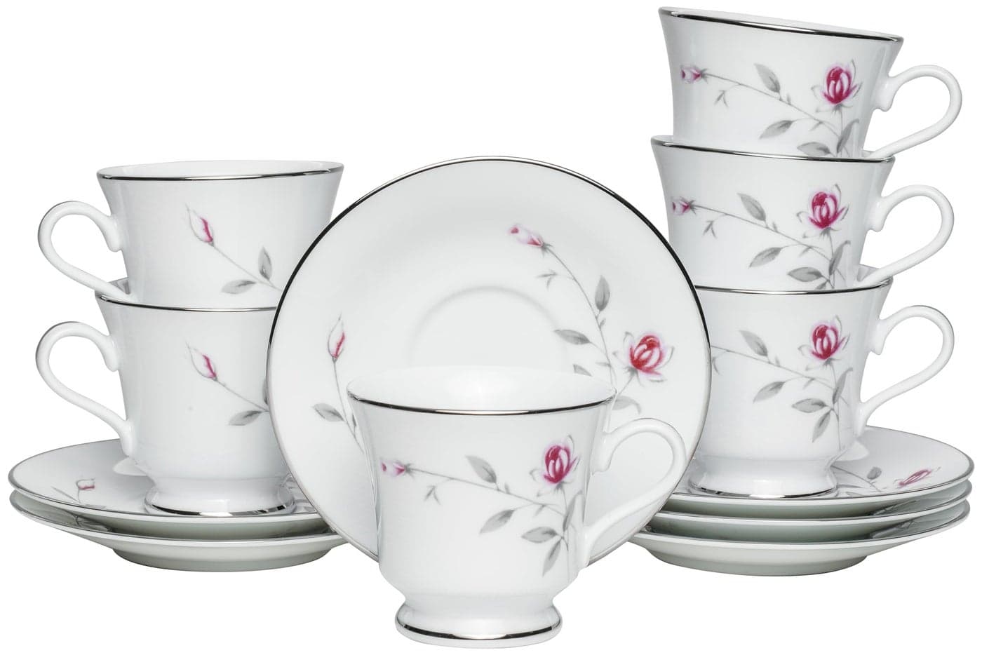 Dankotuwa Fine Porcelain Service for 6 Platinum Craft Tea/Coffee Cup and Saucer Set | Vegan, Scratch Resistant and Light Weight | Gift for Anniversary Housewarming12 Pieces 210 ml (Lasting Rose)