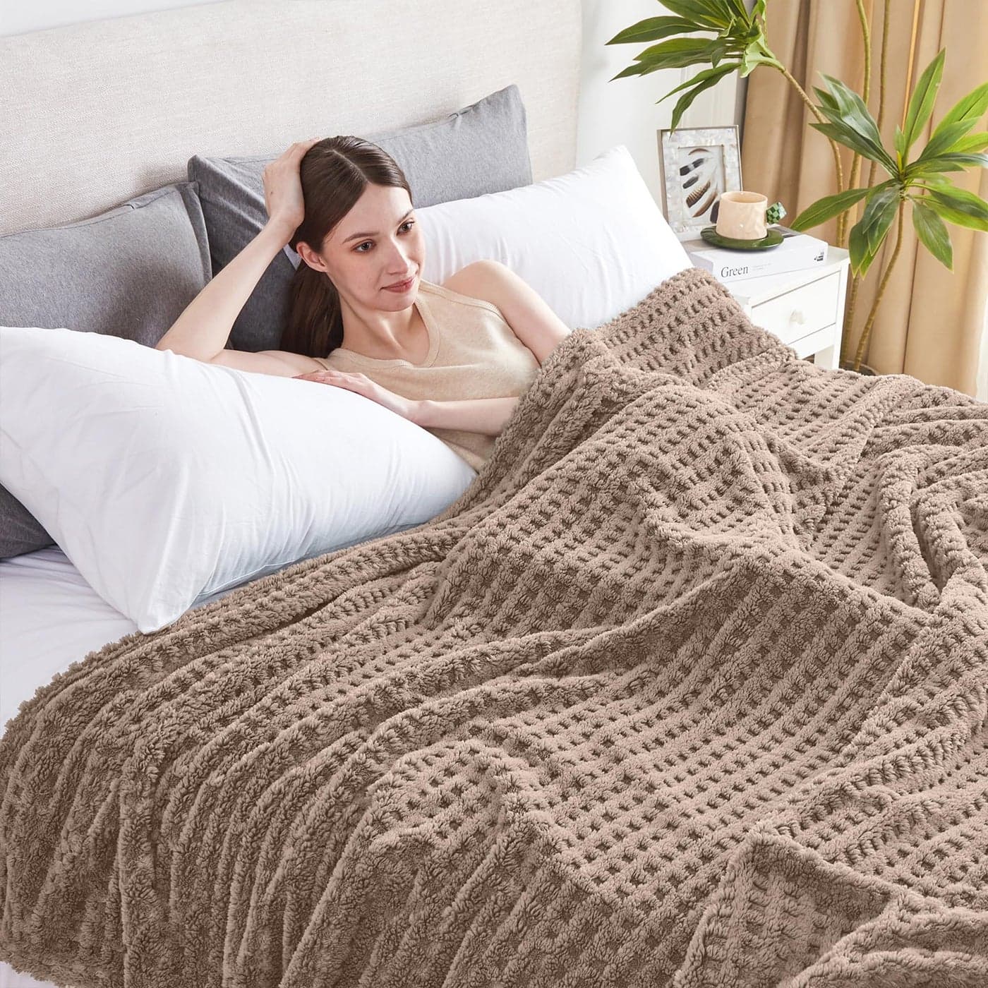 Serenhom Soft Cozy Fuzzy Fleece Throw Blanket Waffle Light Taupe 50x60 Inches Lightweight Fluffy and Warm 3D Jacquard AllSeason Blanket for Couch Bed Sofa Home Decor Camping and Travel