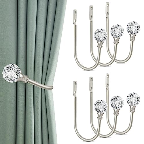 Curtain Holdbacks, Curtain Tiebacks Hooks with Clear Crystal Ball Curtain Tie Backs Wall Mounted Metal Drapery Pull Backs Tassel Silver Curtain Holders for Drapes, Home Decor (6 Pack)
