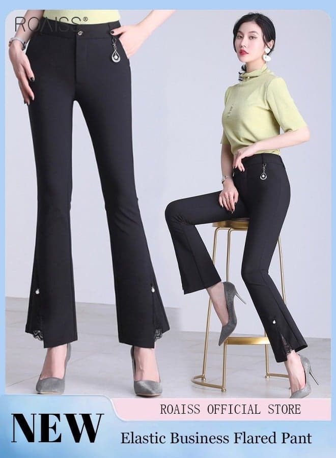 Women'S High Waisted Flared Pants Ankle Lace Stitching Design With Pearl Embellishments On The Calf Fashion Stretch Blazer Pants