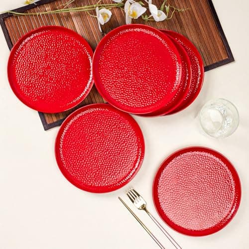 MARKET 99 Melamine Quarter Plates Set of 6 Red Hammered Design | Round Snack Plates for Kitchen Dining Tableware | Lightweight Durable Side Plates for Breakfast Lunch Dinner, Party Serving & Gifting