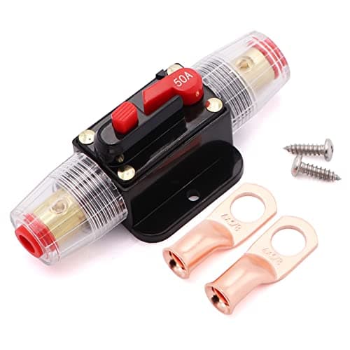 50A Audio Inline Circuit Breaker 12V Auto Fuse Holder 8 Awg 50 Amp with Manual Reset for Car Audio Stereo Switch and Solar Inverter System with Tubular Ring Terminals 4 38 AWG