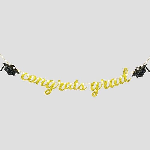 Festiko® Congrats Grad Banner Gold and Black, Congrats Grad Glittery Banner with 8 Modes Rice Lite Gold Graduation Party Decorations 2021 Congratulations Grad Party Decor Supplies- 2 Pcs