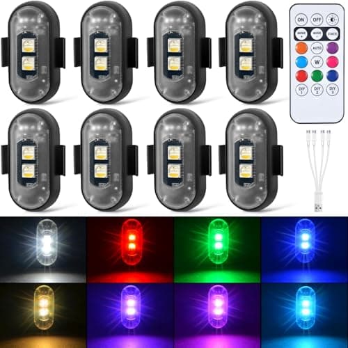 Aukmak 8PCS Wireless LED Strobe Lights with Remote Control 8 Colors Rechargeable Led Lights AntiCollision LED Emergency Warning Lights for Car Motorcycle Bike Drone Aircraft