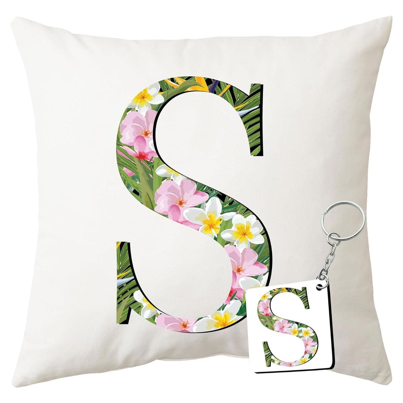 DJS GROUP Decorative Letter Alphabet Throw Pillow with Floral Design and Matching Keychain White Square S