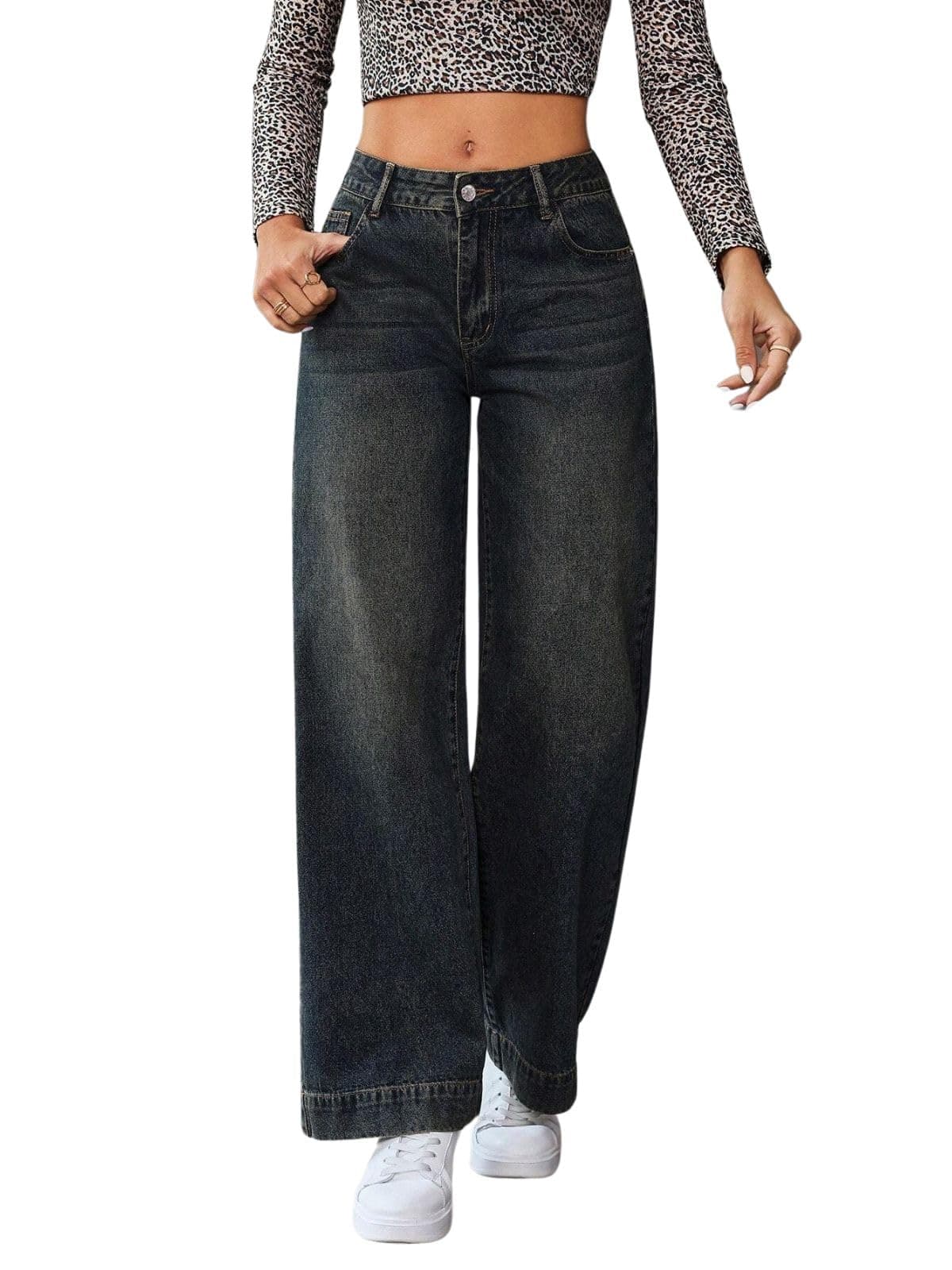 GRECIILOOKS High Rise Waist Jeans for Women – Wide Leg Straight Fit Denim | Baggy Cargo Style Casual Pants for Girls & Daily College Wear Black 28