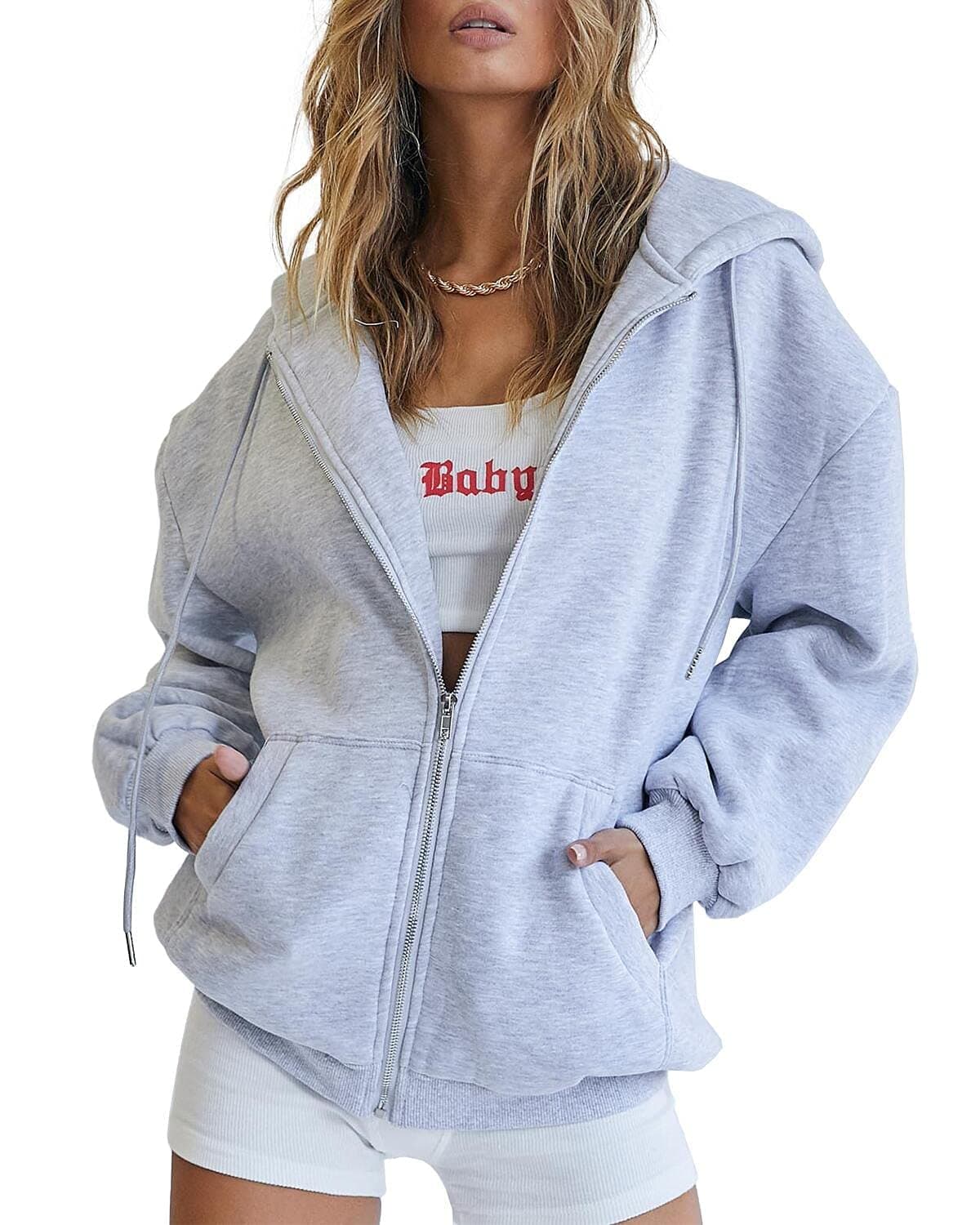 EFAN Women Zip Up Hoodies Oversized Sweatshirt Jacket 2024 Fall Fleece Cute Pullover Hooded Tops Teen Girls Casual Loose Fit Y2k Trendy Fashion Gym Clothes Outfits Grey L