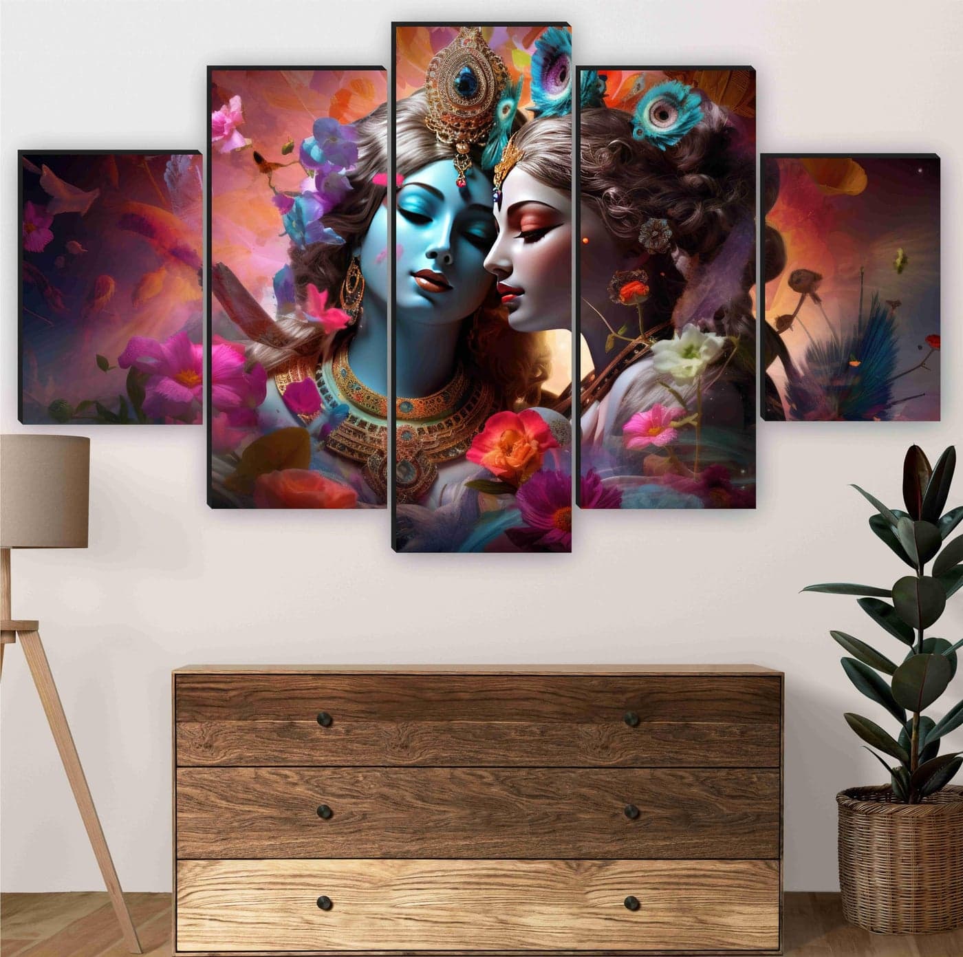 SAF paintings Radha krishna Paintings for Wall Decoration - Set Of Five, 3d modern art Painting for Living Room Large Size with Frames for Home Decoration, Hotel, Office 127 cm x 75 cm SANFBL35444