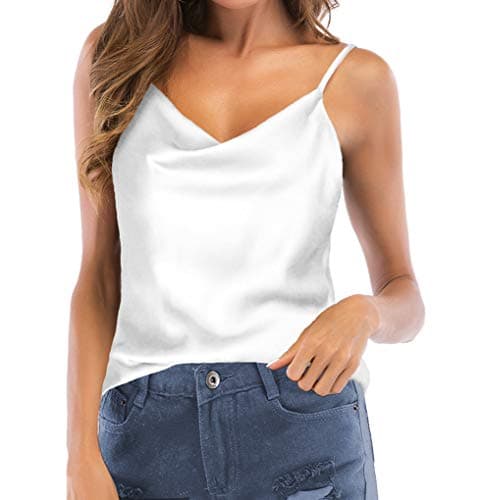 TOUTOUAI Women's Silk Satin Camisole Cowl Neck Tank Top Cami Silky Basic Tank Shirt Blouses (White, 14)
