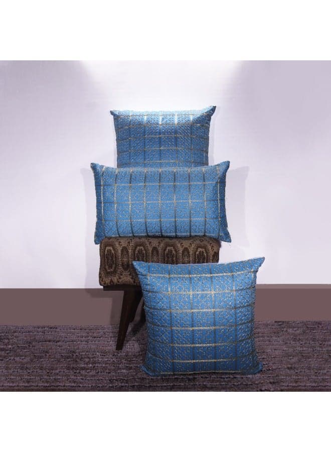 BYFT Orchard Cushion Cover 12 x 20 inch (Golden Checks Design - Blue) 30 x 50 cm Luxury Decorative Cushion Cover for Sofa, Bed & Living Room- Set of 2 with inserts