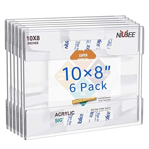 Niubee 8x10 inch Wall Mount Acrylic Sign Holder with Double Sided Tape Adhesive for Office, Home, Store, Restaurant, No Drilling -Horizontal (6 Pack)