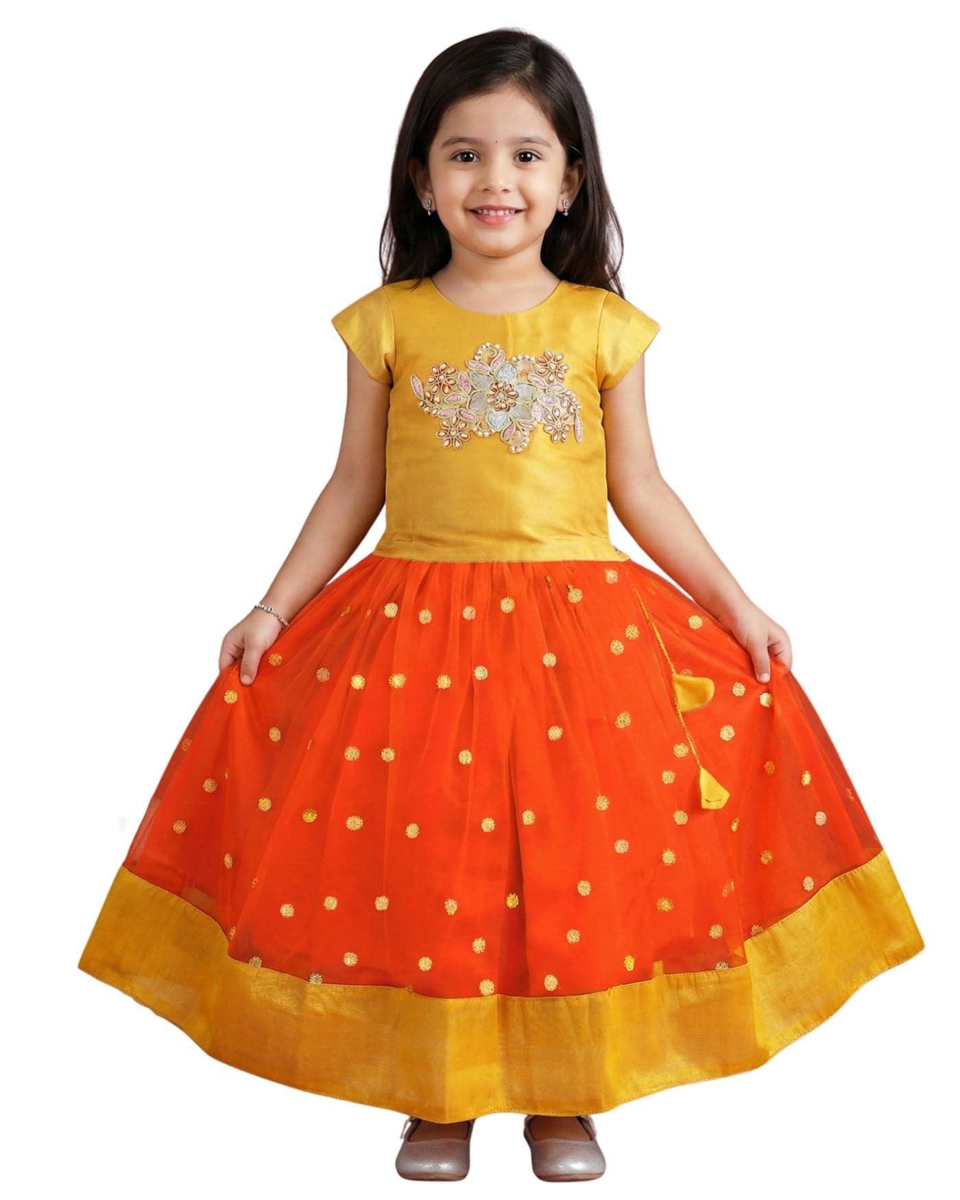 Stanwells Kids Baby Girls Lehenga Choli Ruffle Pattern Dress Half Sleeves Readymade Hand Sequins Embroidery Ethnic Traditional Full Length South Indian Girl Lehnga Choli(Orange)(12-24 Months)